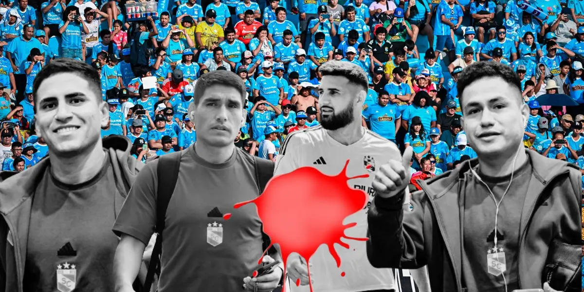 Chávez, Ávila, Da Silva, Pretell y detrás la hinchada de Sporting Cristal