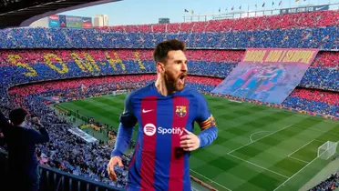 Lionel Messi con la camiseta del Barcelona y el Camp Nou de fondo.