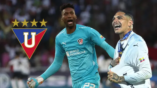 Alexander Domínguez y Paolo Guerrero con la camiseta de Liga de Quito