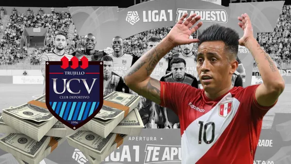 Christian Cueva con la camiseta Bicolor y detrás el plantel de la UCV de Trujillo