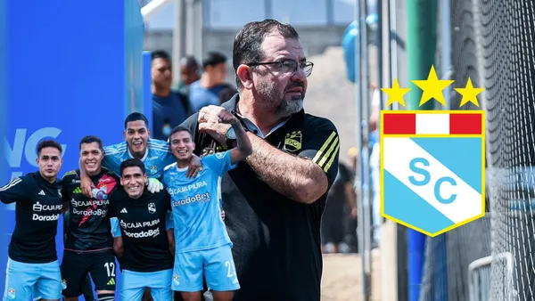 Enderson Moreira y debajo sus jugadores de Sporting Cristal