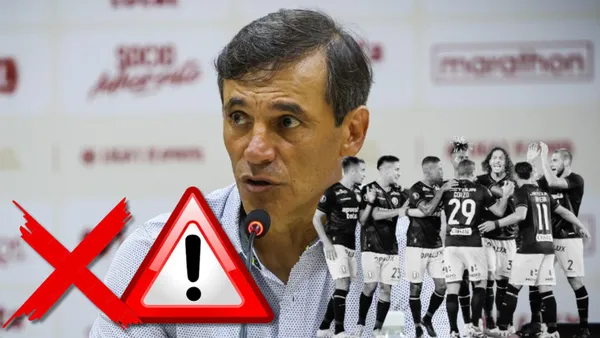 Fabián Bustos en conferencia de prensa y debajo el plantel de Universitario de Deportes