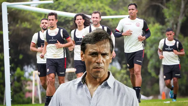 Fabián Bustos serio y los jugadores de la U entrenando