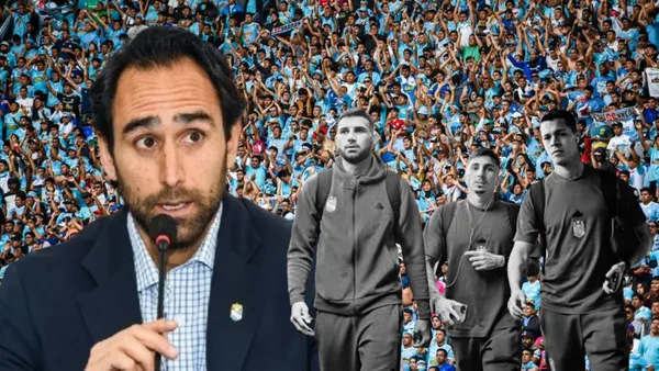 Joel Raffo, Da Silva, Cazonatti, Solís y detrás la hinchada de Sporting Cristal