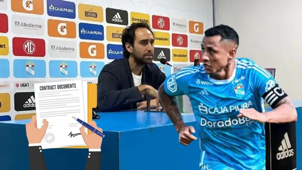 Joel Raffo en conferencia de prensa y Yoshimar Yotún con la camiseta de Sporting Cristal
