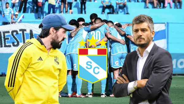 Jorge Cazulo, Gustavo Munúa y detrás jugadores de Sporting Cristal abrazados