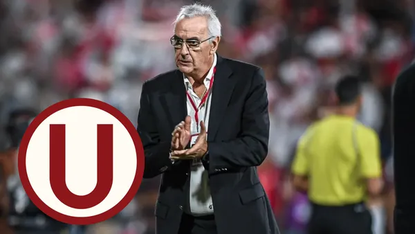 Jorge Fossati aplaudiendo y el escudo de Universitario de Deportes