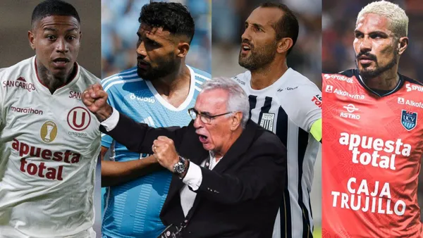 Jorge Fossati festejando y jugadores de la Liga 1 de fondo