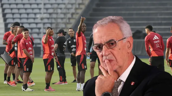 Jorge Fossati y detrás un entrenamiento de la Selección Peruana en Matute