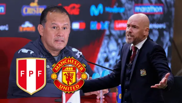 Juan Reynoso en conferencia en Videna y al lado Erik Ten Hag
