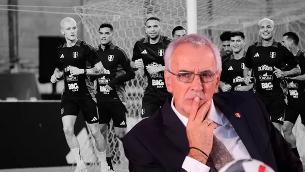 Jugadores de la Bicolor entrenando y delante Jorge Fossati pensativo