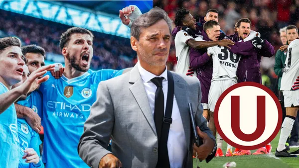 Jugadores de Manchester City y de Bayern Leverkusen, delante de ellos Fabián Bustos