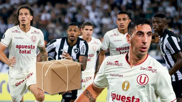 Jugadores de Universitario disputando una jugada vs Botafogo y delante Diego Dorregaray