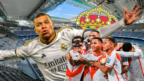 Kylian Mbappé con la camiseta del Real Madrid y jugadores de la Bicolor abrazados
