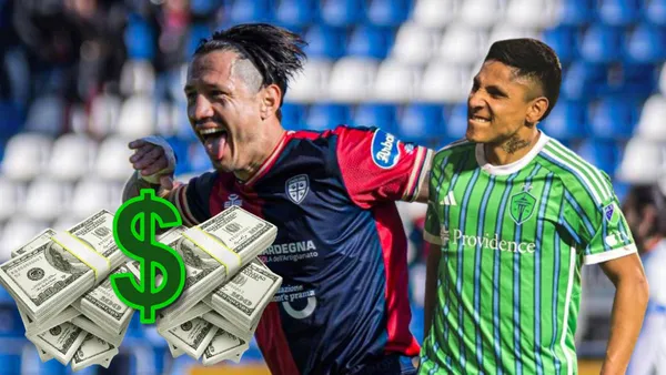 Lapadula celebrando con la camiseta del Cagliari y Ruidíaz con la camiseta del Seattle Sounders