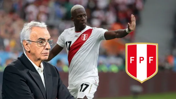 Luis Advíncula estirando el brazo y delante Jorge Fossati pensativo