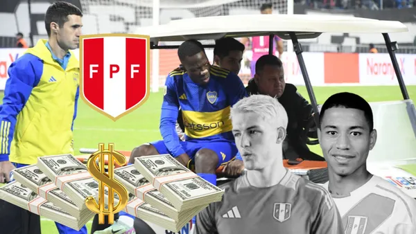 Luis Advíncula saliendo en camilla, debajo Oliver Sonne y Andy Polo