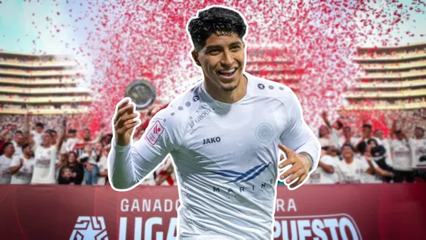 Luis Iberico en Riga FC y Universitario celebrando de fondo (Foto: Riga FC y Universitario)