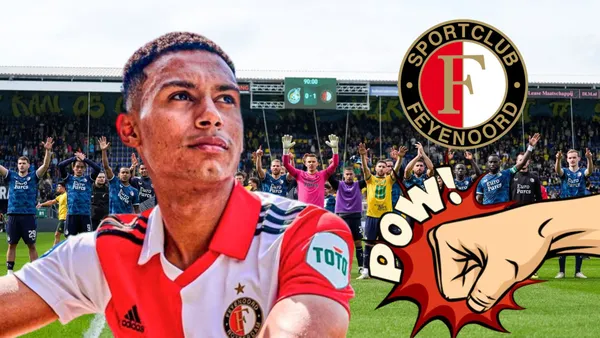 Marcos López con la camiseta del Feyenoord y detrás el plantel holandés
