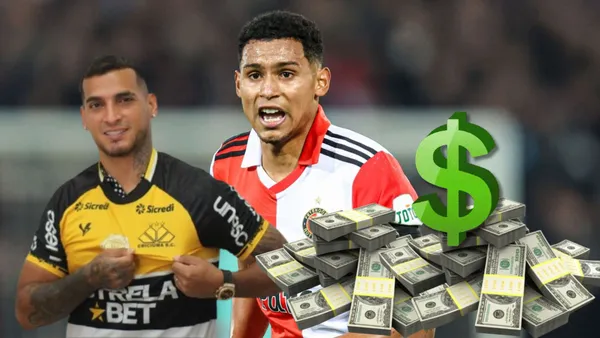 Marcos López vistiendo la camiseta del Feyenoord y Miguel Trauco con la del Criciúma