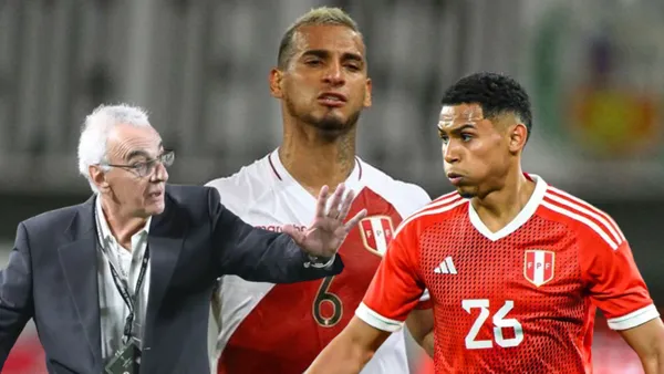 Marcos López y Miguel Trauco con la camiseta de la Selección Peruana, Jorge Fossati haciendo un gesto con la mano