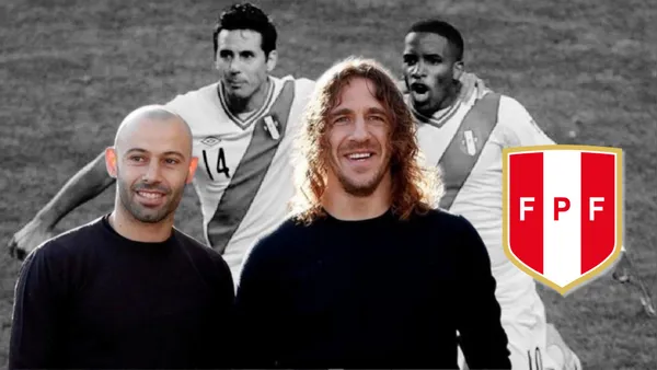 Mascherano al lado de Puyol y detrás Pizarro junto a Farfán con la camiseta bicolor