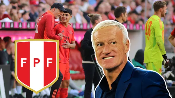 Matteo Pérez hablando con Tuchel y Deschamps sonriente (Foto: Bayern Múnich)