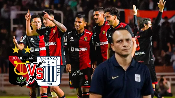 Melgar celebrando gol y Alejandro Restrepo serio