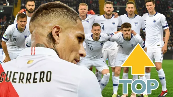 Paolo Guerrero viendo de reojo y la Selección de Finlandia