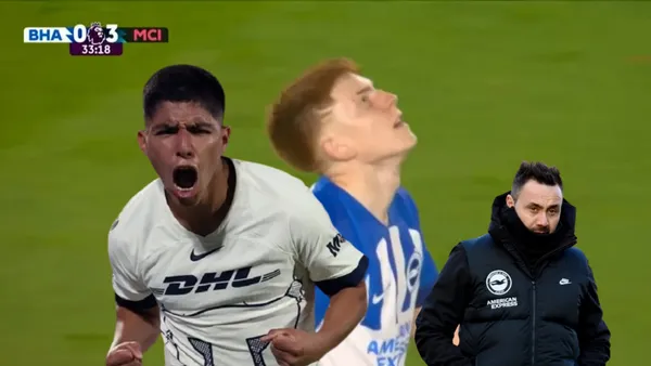 Piero Quispe gritando gol, Valentin Barco viendo el cielo y Roberto De Zerbi con frío