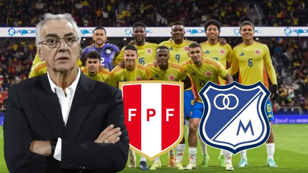 Selección de Colombia posando para la foto y Jorge Fossati mirando