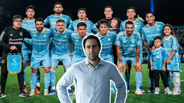 Sporting Cristal posando para la foto y Joel Raffo mirando serio