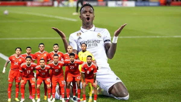 Vinicius Jr. celebrando con el Real Madrid y debajo la Selección Peruana posando para las cámaras