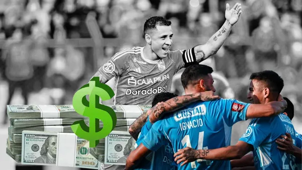 Yoshimar Yotún en un fondo blanco y negro, delante jugadores de Sporting Cristal