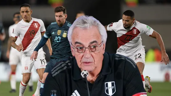Yotún, Messi y Callens disputando una acción de juego, delante de ellos Jorge Fossati