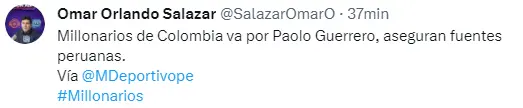 Paolo Guerrero podría ser opción para Millonarios