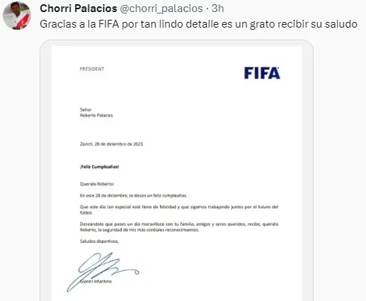Chorri Palacios saludado por la FIFA