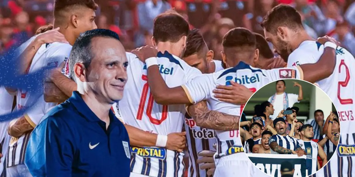 Alejandro Restepo sonriendo y los jugadores de Alianza Lima 