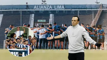 Alejandro Restrepo con los brazos abiertos y los jugadores abrazados (Foto: Alianza Lima) 