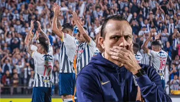 Alejandro Restrepo tapándose la boca y detrás jugadores de Alianza Lima saludando a su hinchada