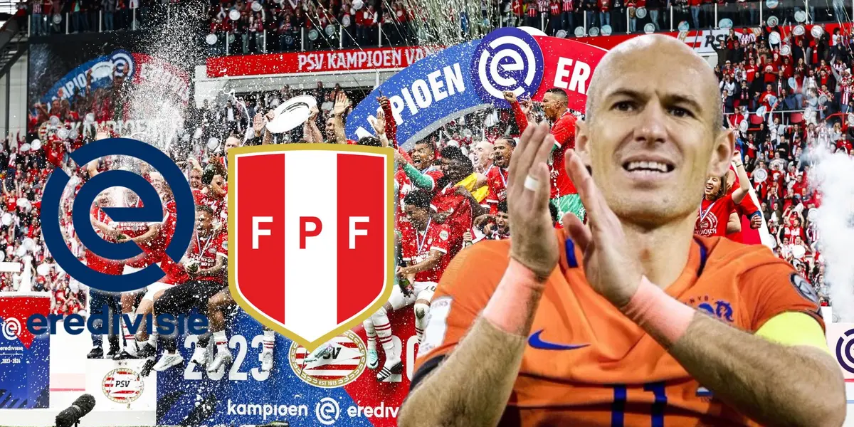 Arjen Robben vistiendo la camiseta de Holanda y detrás jugadores de la Eredivisie