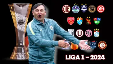 Carlos Bustos con la casaca de Alianza Lima y detrás los clubes de la Liga 1 2024