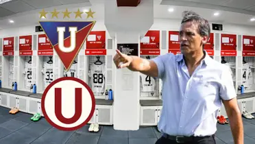 Fabián Bustos señalando y detrás el vestuario de Liga de Quito