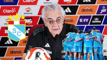 Jorge Fossati dando una conferencia de prensa en Videna y debajo jugadores de Cristal abrazados