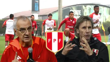 Jorge Fossati, Ricardo Gareca y detrás jugadores de la Selección Peruana entrenando en Videna