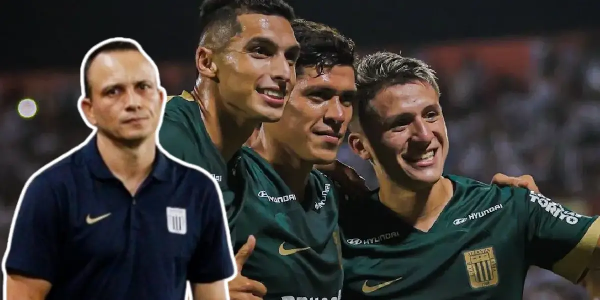 Jugadores de Alianza Lima celebrando gol y Alejandro Restrepo serio 