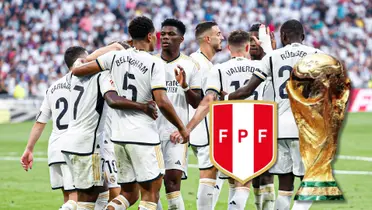 Jugadores del Real Madrid celebrando, el logo de la FPF y la Copa del Mundo