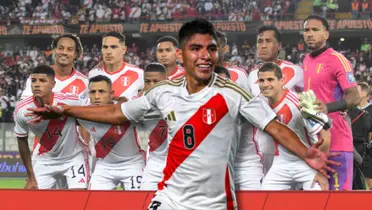 Piero Quispe festejando con la Bicolor y detrás los jugadores de la Selección Peruana posando