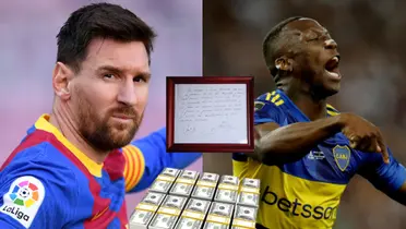 Lionel Messi con la camiseta del Barcelona, y a su lado Luis Advíncula grita un gol en Boca.