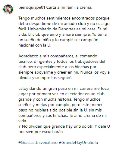 La despedida de Piero Quispe